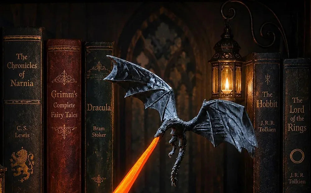 Dragon Domavius™ Drakorya crachant sa flamme devant une rangée de livres anciens